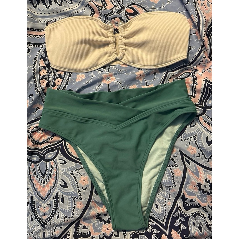 NEW Cream/Green Ribbed U Ring Bandeau Hi Waist Women's Bikini, Small
